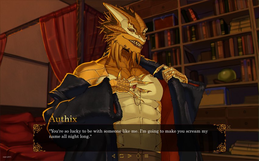 anthro clothing coat grin jewelry male ring smile solo teeth text topwear visual_novel_interface kartobes dungeons_and_dragons hasbro mythology wizards_of_the_coast authix aurak draconian dragon dragon_(dnd) gold_dragon_(dnd) mythological_creature mythological_scalie scalie absurd_res english_text hi_res