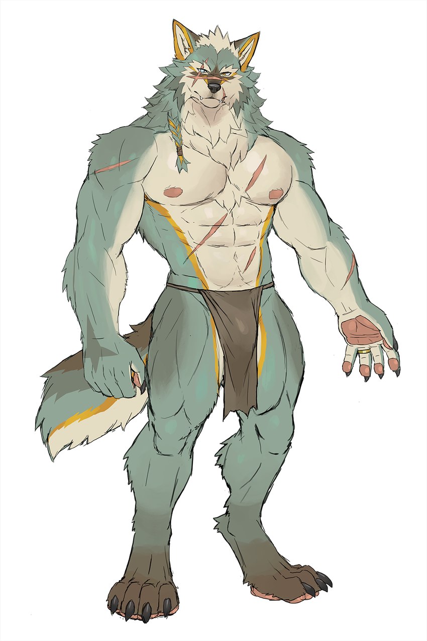 abs anthro biceps biped bottomwear claws clothing fangs fur green_body green_fur loincloth looking_at_viewer male muscular muscular_anthro muscular_male nipples pawpads paws pecs scar solo standing tail teeth toe_claws tuft white_body white_fur rossciaco mythology canid canine canis mammal mythological_canine mythological_creature werecanid werecanine werecreature werewolf wolf hi_res