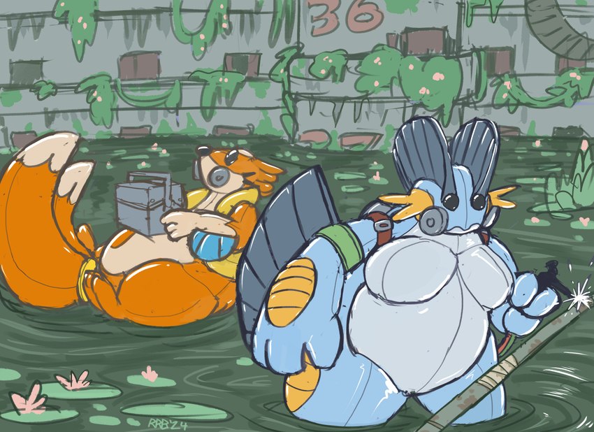 abandoned duo gas_mask geofront hazmat inflatable latex mask science_fiction welding run_rabbit_bounce nintendo pokemon animate_inanimate floatzel generation_3_pokemon generation_4_pokemon living_inflatable pokemon_(species) swampert