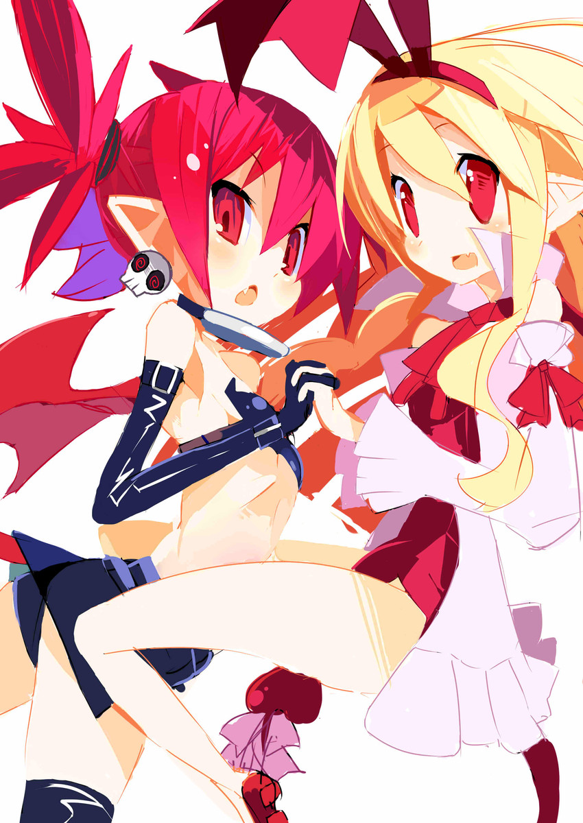 blonde_hair breasts clothed clothing cute_fangs duo ear_piercing fangs female gloves hair handwear humanoid_pointy_ears interlocked_fingers legwear membrane_(anatomy) membranous_wings not_furry open_mouth piercing pointy_ears red_eyes red_hair small_breasts spade_tail tail teeth wings miyakawa106 disgaea nippon_ichi_software etna_(disgaea) demon humanoid mammal absurd_res hi_res