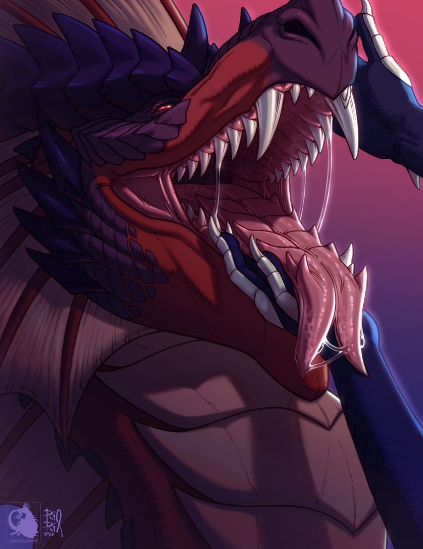 ambiguous_gender bodily_fluids duo ear_frill fangs feral forked_tongue frill_(anatomy) horn mouth_play mouth_shot narrowed_eyes neck_frill open_mouth pink_tongue purple_horn red_body red_scales saliva saliva_string scales sharp_teeth solo_focus teeth tongue tongue_out white_body white_frill white_scales lil_skrill riorix mythology dragon mythological_creature mythological_scalie scalie hi_res