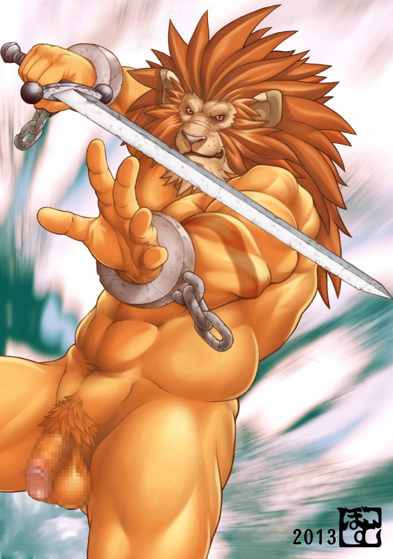 abs abstract_background action_pose anthro balls biceps big_muscles biped brown_nose chain cuff_(restraint) erection fight flaccid front_view genitals hair humanoid_genitalia humanoid_penis long_hair looking_at_viewer male mane melee_weapon muscular muscular_anthro muscular_male navel nude orange_body orange_hair orange_skin pecs penis pink_nose pose pubes red_eyes restraints scar shackles simple_background solo standing sword weapon bomb_(artist) red_earth leo_(red_earth) felid lion mammal pantherine 2013 absurd_res censored digital_media_(artwork) hi_res mosaic_censorship