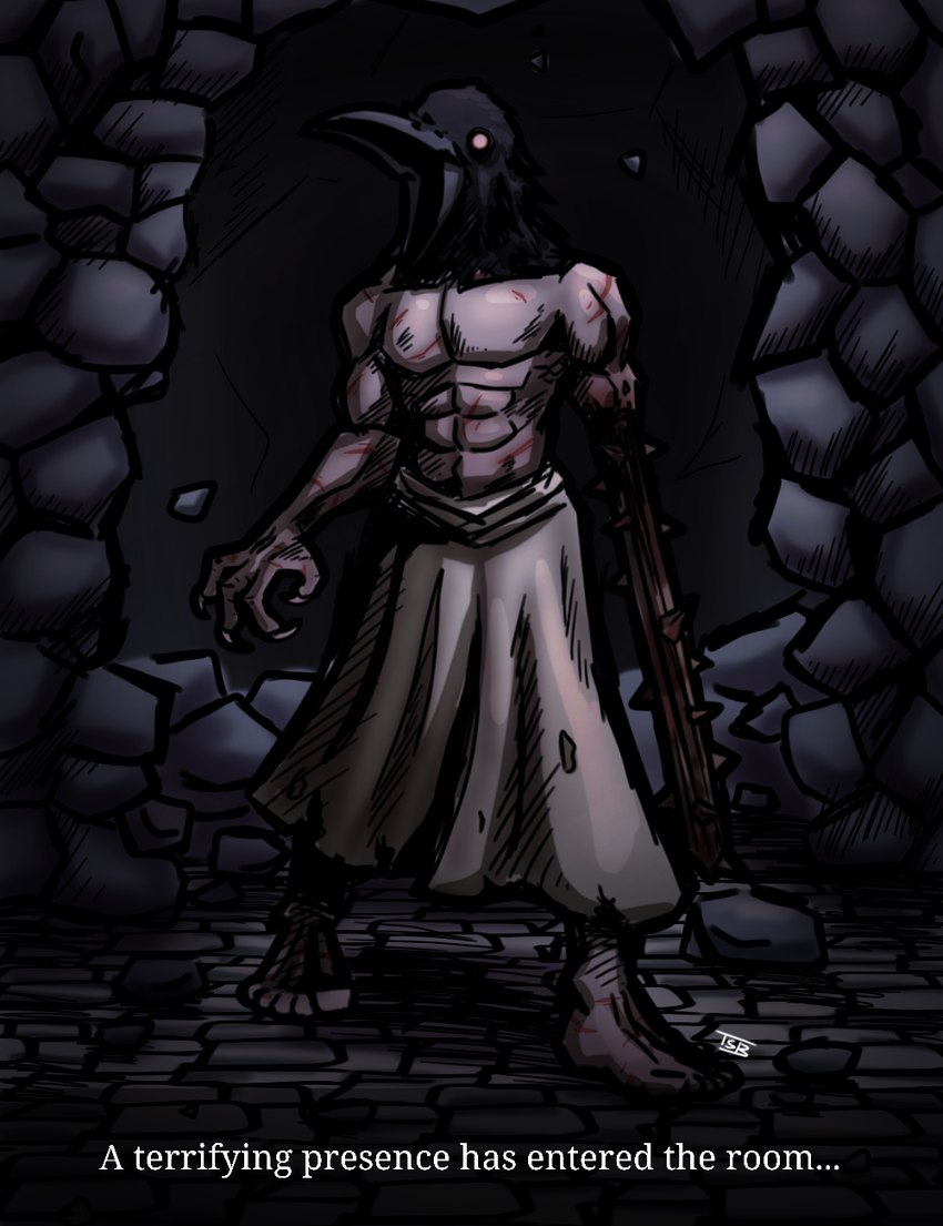 4_fingers 5_toes abs amputee apron arm_scar barefoot beak black_beak black_body black_feathers chest_scar clothing disability feathers feet fingers hand_scar hole_in_wall male melee_weapon muscular muscular_humanoid muscular_male no_pupils open_beak open_mouth rubble scar scars_all_over shadow shirtless shirtless_humanoid shirtless_male shoulder_scar solo standing stone_floor stone_wall text toes wall_(structure) weapon weapon_arm white_apron white_clothing theshokblok fear_and_hunger crow_mauler animal_humanoid avian avian_humanoid bird bird_humanoid corvid corvid_humanoid corvus_(genus) corvus_humanoid crow crow_humanoid human humanoid mammal oscine passerine 2023 colored english_text hi_res shaded signature