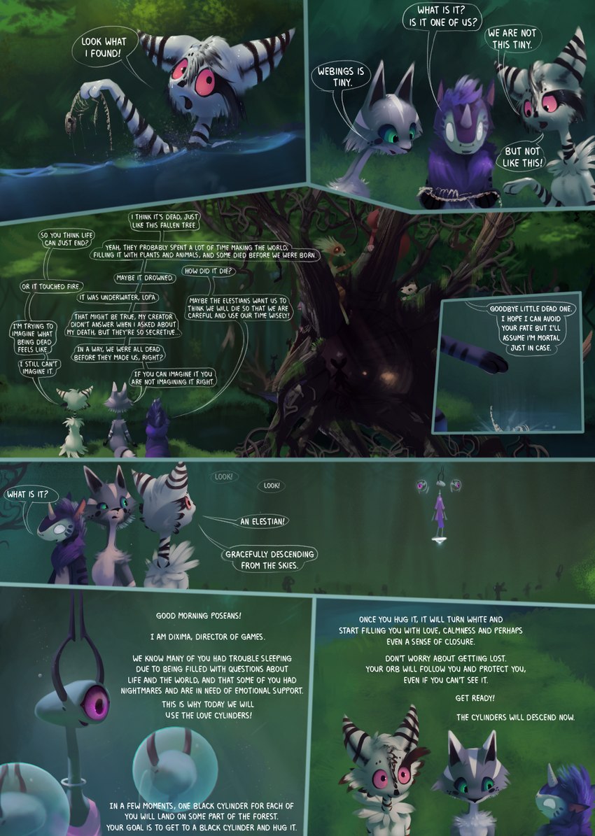 anthro biped dialogue dialogue_box female fur green_eyes grey_body grey_fur group horn male purple_body purple_fur red_eyes speech_bubble text white_body white_fur trigaroo ka_(trigaroo) lopa_(trigaroo) moi_(trigaroo) felid feline mammal posean 2020 colored comic english_text hi_res