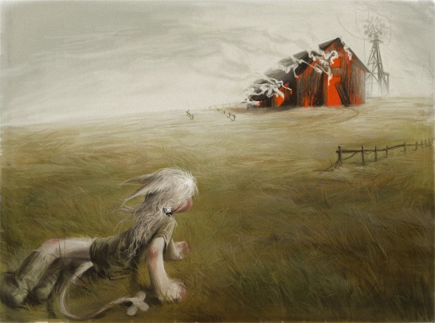 ambiguous_gender anthro barn bruised burning_building clothed clothing day detailed_background fence fur grass grass_field hair looking_away lying on_side outside plant realistic_lighting realistic_shading smoke solo tail white_body white_fur white_hair wind young young_anthro gutcutz christina's_world mammal inspired_by_formal_art painting_(artwork) traditional_media_(artwork)