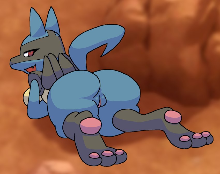 anthro anus black_body black_fur blue_body blue_fur breasts butt eyelashes fangs female fur genitals looking_back open_mouth pawpads presenting pussy red_eyes smile solo teeth yellow_body yellow_fur praiz nintendo pokemon generation_4_pokemon lucario mammal pokemon_(species) hi_res