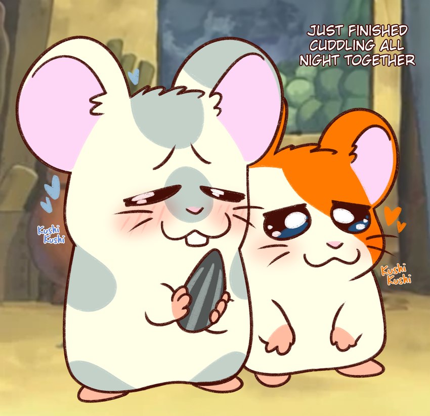 blush hearts_around_head leaning male sunflower_seed whiskers crushpepper hamtaro_(series) hamtaro oxnard_(hamtaro) cricetid hamster mammal rodent hi_res tagme