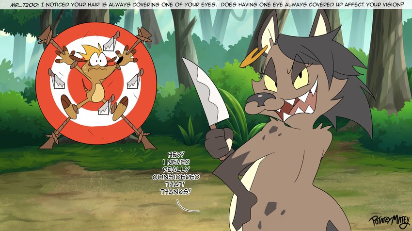 anthro black_hair brown_body brown_fur butt duo female forest fur hair knife male outside plant target text tree potateymatey leena_(potateymatey) marley_(potateymatey) herpestid hyena mammal meerkat spotted_hyena 2024 english_text hi_res
