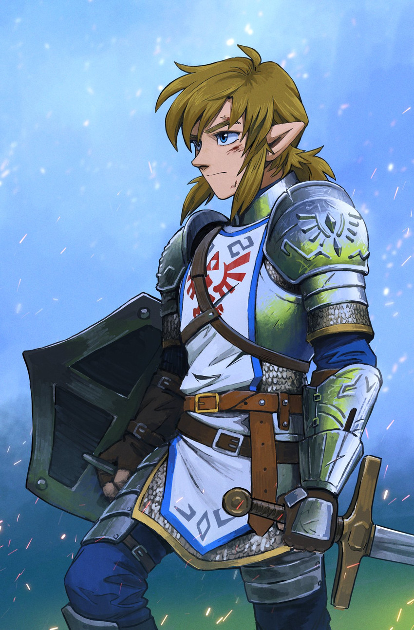 armor belt blonde_hair blue_eyes clothing dirty fingerless_gloves gloves hair handwear humanoid_pointy_ears male melee_weapon not_furry pointy_ears shield shoulder_pads solo sword weapon detkef nintendo the_legend_of_zelda link humanoid hylian 2020 hi_res