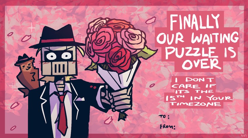 ambiguous_gender armor black_clothing black_suit blush blush_lines bone clothing duo fedora feral flower hat headgear headwear helmet holding_clothing holding_hat holding_headgear holding_headwear holding_object holidays looking_at_viewer necktie not_furry offering_rose plant red_necktie rose_(flower) skeleton suit text volatilemask new_blood_interactive ultrakill valentine's_day mysterious_druid_knight owl_(ultrakill) avian bird humanoid owl english_text