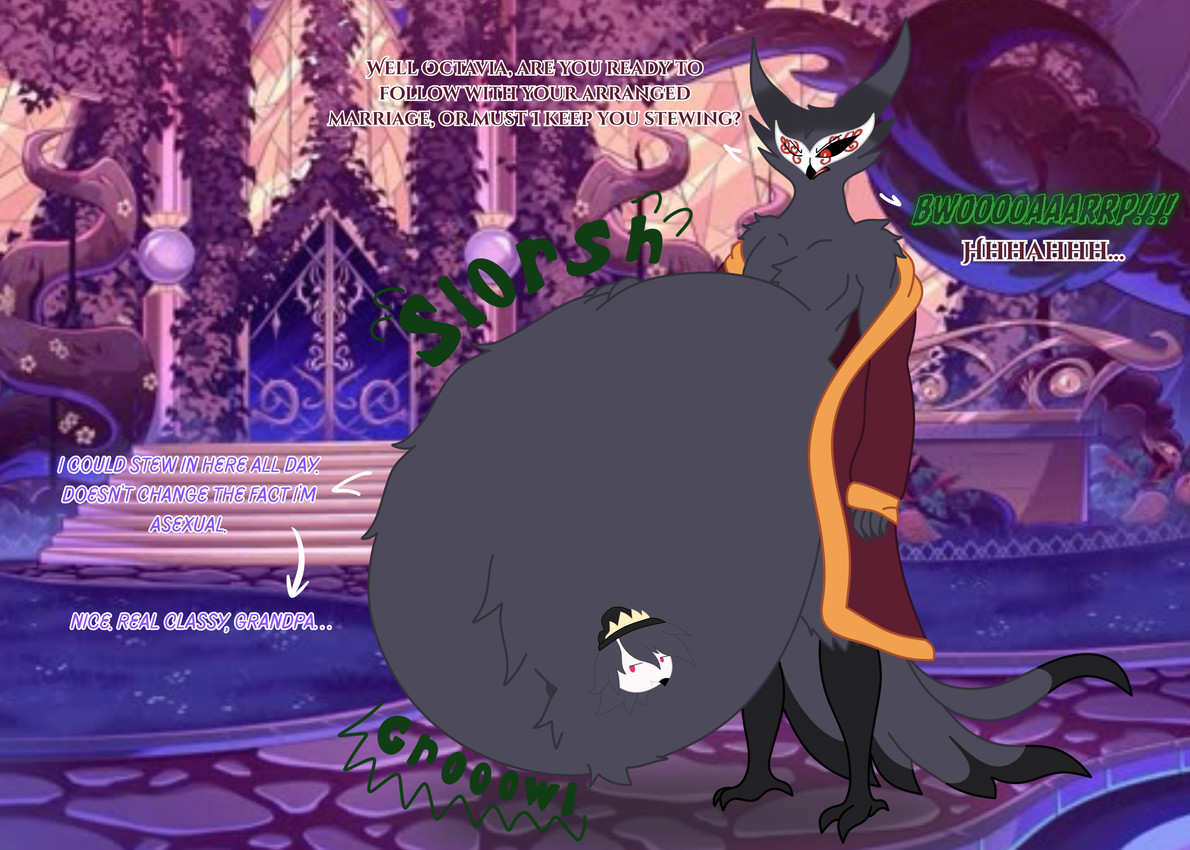 abdominal_bulge adolescent adolescent_prey anthro anthro_pred anthro_prey arm_tuft beak belly belly_overhang belly_tuft big_belly black_body black_feathers black_fur burping burping_while_talking chest_tuft clothing detailed_background dialogue dialogue_with_sound_effects digestion digestion_noises digitigrade duo feather_fur feather_hair feathers feet female female_prey frown fur garden gold_robe golden_clothing grandparent_and_granddaughter grey_body grey_feathers grey_fur growling hand_on_belly head_tuft huge_belly larger_pred leg_tuft male male_pred mansion markings maroon_(color) maroon_clothing maroon_robe mask moan motion_lines navel navel_outline navel_tuft non_fatal_vore obese obese_anthro obese_male older_on_younger older_pred onomatopoeia overweight overweight_anthro overweight_male pecs plant pool poolside pseudo_hair red_clothing red_markings red_robe robe robe_only rumbling_stomach same_size_vore shoulder_tuft sigh sighing size_difference slorsh sloshing_belly soft_vore solo_focus sound_effects standing struggling struggling_prey stubborn tail tail_feathers talking_to_pred talking_to_prey talons text toes tuft unimpressed unwilling_prey vore vore_tattoo white_mask willing_pred young young_prey younger_prey mandro22 hellaverse helluva_boss spindle_horse_(copyright) octavia_(helluva_boss) paimon_(helluva_boss) avian avian_demon bird demon goetia owl owl_demon absurd_res english_text hi_res huge_filesize grandchild_(lore) granddaughter_(lore) grandfather_(lore) grandfather_and_grandchild_(lore) grandfather_and_granddaughter_(lore) grandparent_(lore) grandparent_and_grandchild_(lore)