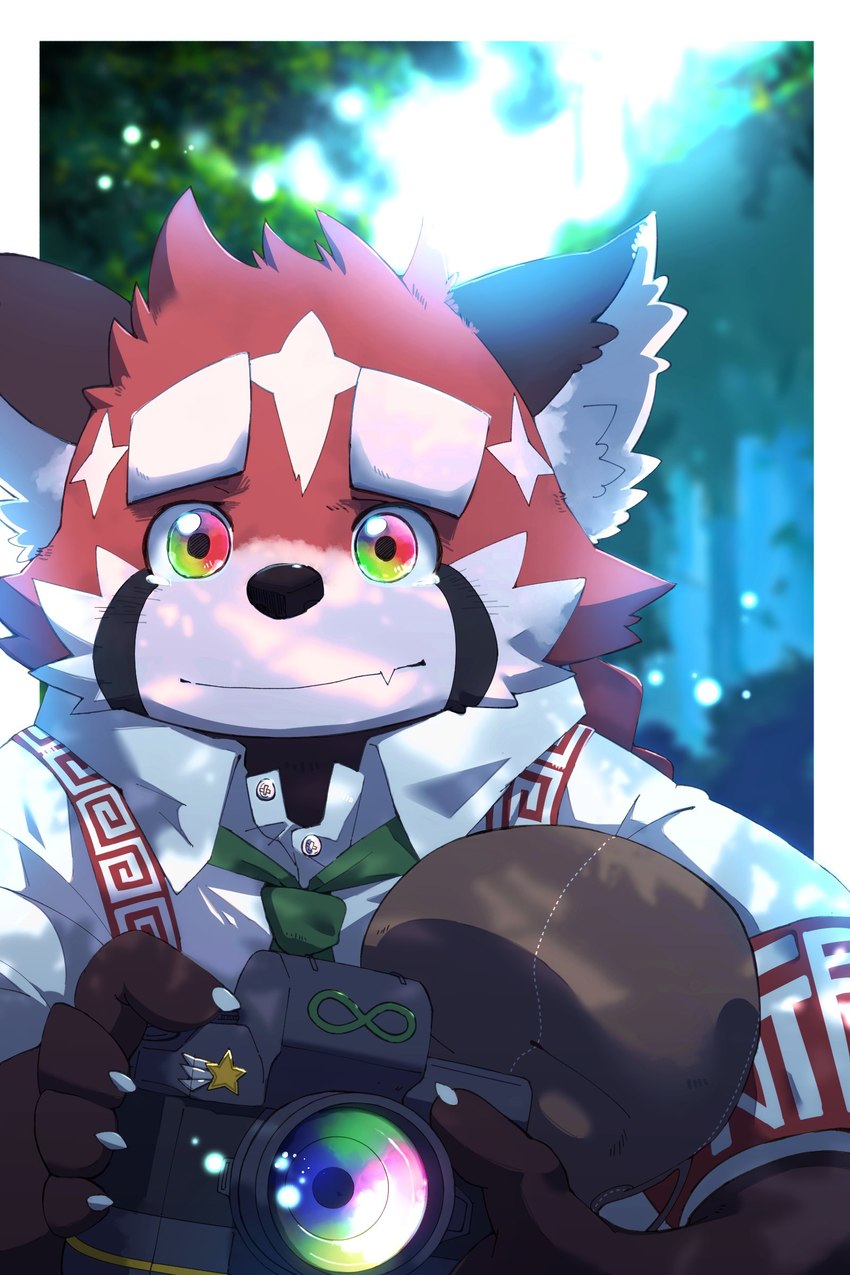 anthro biped black_body black_nose bodily_fluids camera clothing humanoid_hands kemono necktie red_body shirt solo tears topwear white_body kemo_nikomi lifewonders tokyo_afterschool_summoners zhurong_(tas) ailurid mammal red_panda 2022 2:3 absurd_res hi_res