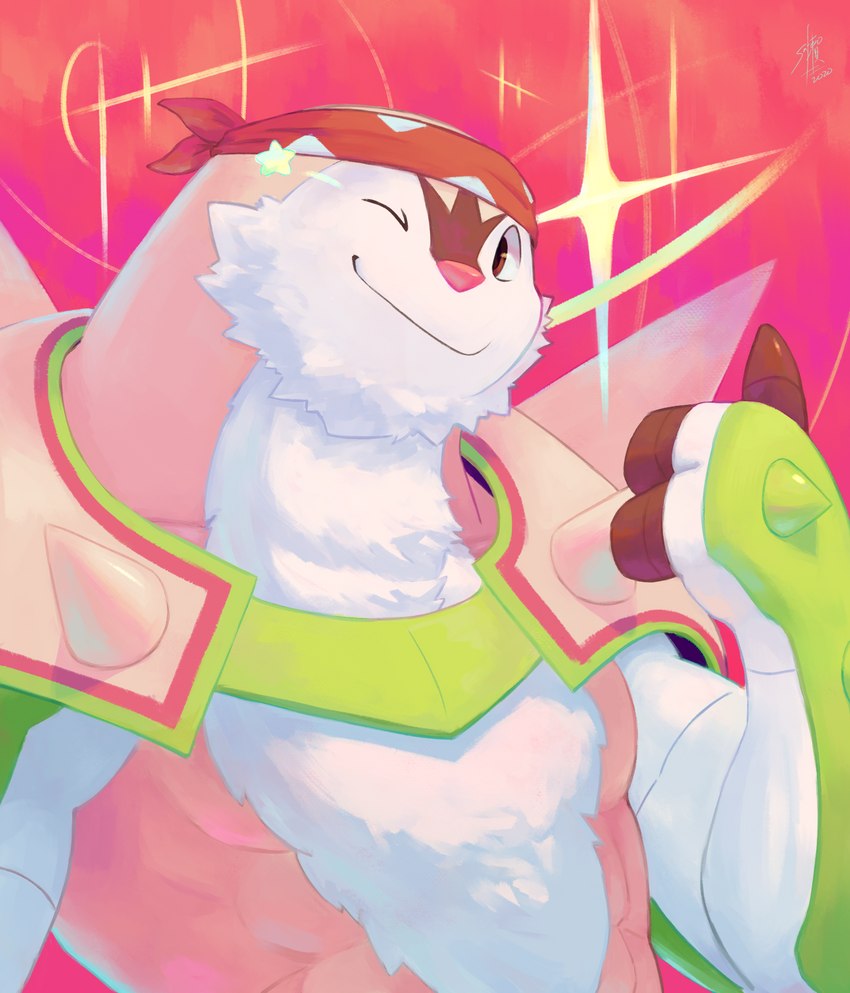 3_fingers accessory anthro fingers fur green_body headband male muscular muscular_anthro muscular_male one_eye_closed pink_background pink_nose simple_background smile solo spikes white_body white_fur wink safero nintendo pokemon bruno_(safero) chesnaught generation_6_pokemon pokemon_(species) absurd_res hi_res