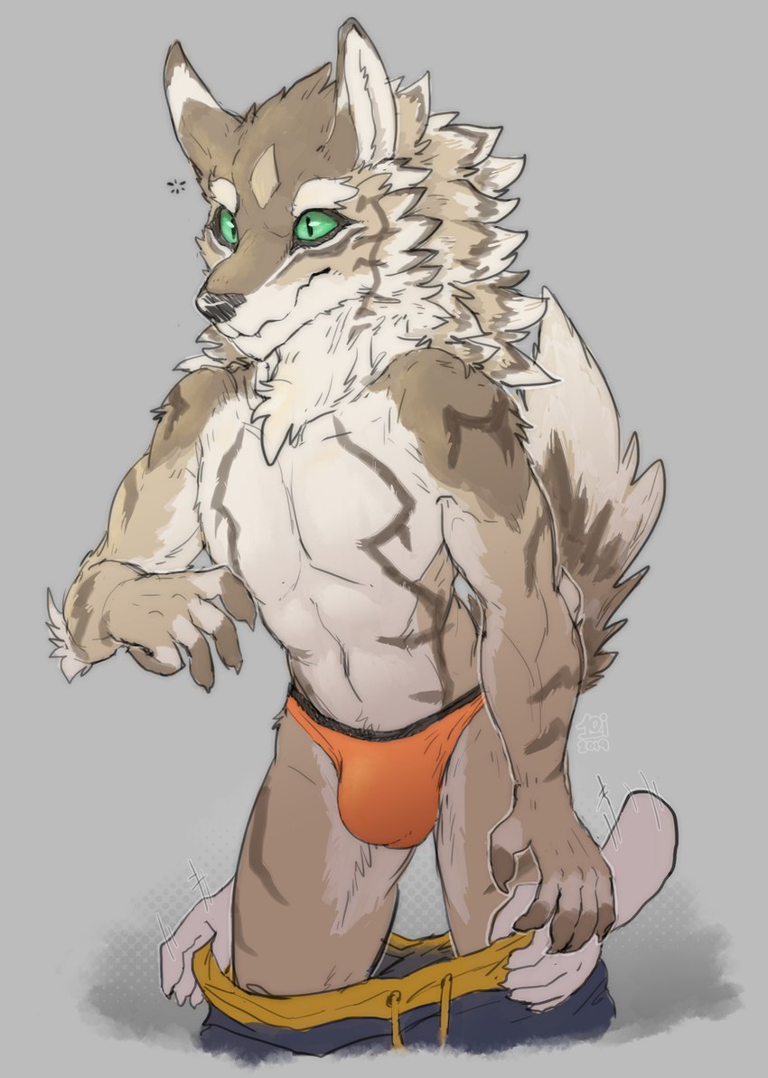 anthro assisted_exposure bottomwear bottomwear_down briefs bulge clothed clothing countershading front_view male pants pants_down partially_clothed shorts solo surprise underwear undressing 1oi conditional_dnp lifewonders tokyo_afterschool_summoners seth_(tas) canid canine canis jackal mammal 2019 absurd_res digital_media_(artwork) hi_res signature