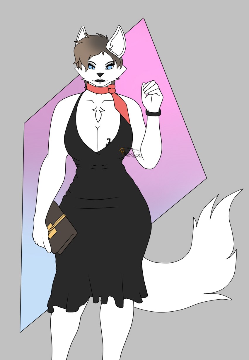 anthro blue_eyes breasts brown_hair chest_tuft clothed clothing clutch_(bag) dress female fur hair handbag holding_object looking_at_viewer ribbons simple_background smile solo standing trash tuft white_body white_fur photolol.03 nashla_(photolol.03) arctic_fox canid canine canis fox mammal true_fox alternate_version_at_source hi_res portrait three-quarter_portrait