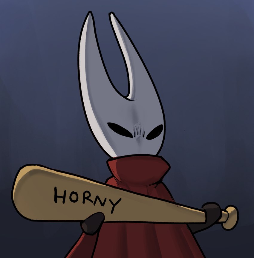 ambiguous_gender angry anthro baseball_bat bat_(object) black_eyes cloak clothing empty_eyes featureless_hands grey_background holding_object holding_weapon horny_bat humor mouthless red_clothing simple_background solo text weapon thechurroman go_to_horny_jail hollow_knight team_cherry hornet_(hollow_knight) arthropod 2022 absurd_res english_text hi_res meme