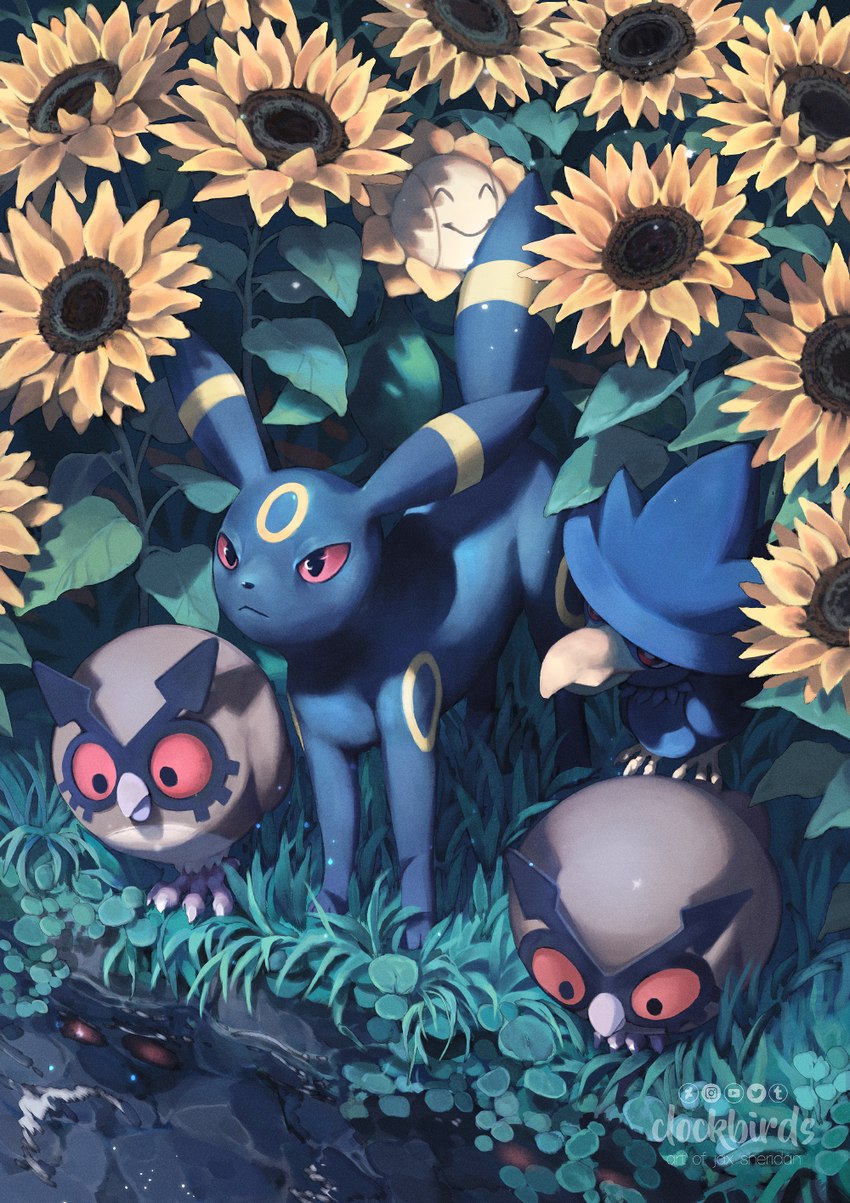 detailed_background flower grass night outside plant quadruped red_eyes sunflower water clockbirds nintendo pokemon avian eeveelution generation_2_pokemon hoothoot murkrow pokemon_(species) sunflora umbreon 2022 digital_media_(artwork) hi_res