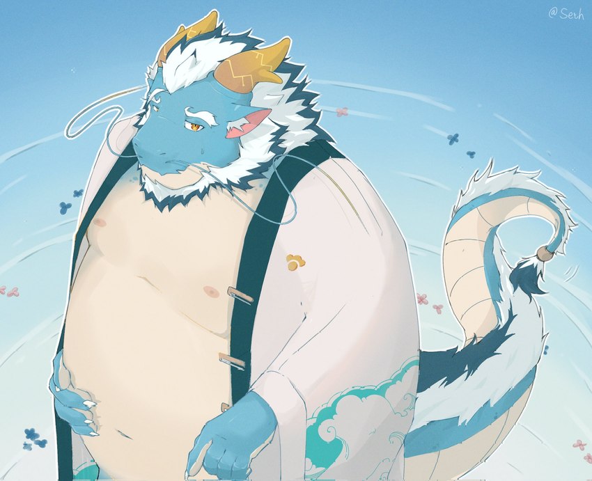 anthro beard belly blue_body clothed clothing facial_hair hair implied_nudity male mature_male moobs navel nipples open_clothing open_robe overweight robe solo tail water white_hair seth_finn5 lifewonders mythology tokyo_afterschool_summoners qinglong_(tas) dragon mythological_creature mythological_scalie scalie 2024 hi_res