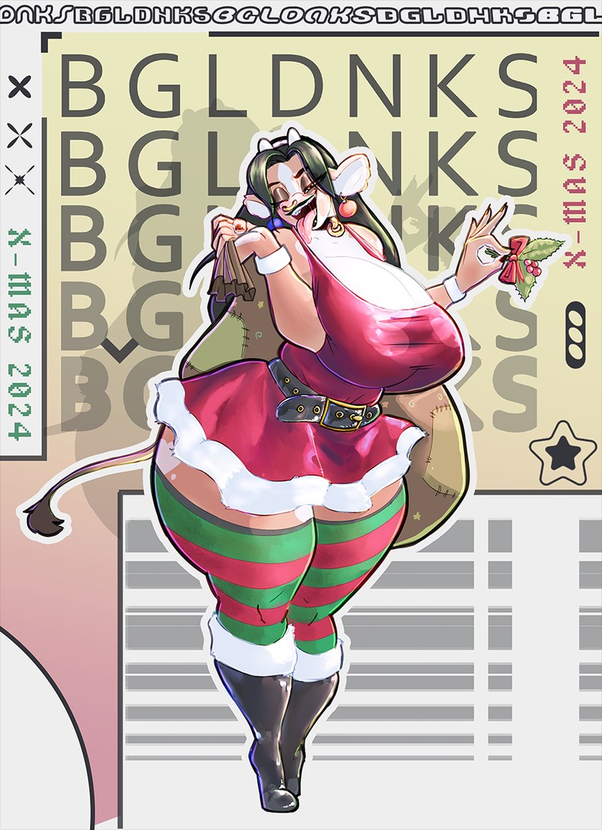 anthro belt big_breasts big_mouth_(anatomy) big_tongue black_lips bodily_fluids breasts choker christmas_clothing clothing collar costume curvy_anthro curvy_female curvy_figure drooling ear_piercing ear_ring facial_piercing female gold_(metal) gold_jewelry green_hair hair holidays holly_(plant) horn huge_breasts jewelry leggings legwear lips necklace nose_piercing nose_ring piercing plant ring_piercing saliva saliva_on_tongue saliva_string santa_costume solo tail thick_thighs tongue tongue_out voluptuous voluptuous_anthro voluptuous_female wide_hipped_anthro wide_hipped_female wide_hips bigoldoinks christmas vivian_angustein bovid bovine cattle holstein_friesian_cattle mammal hi_res