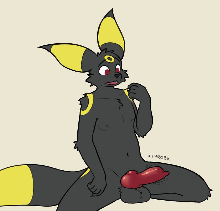 animal_genitalia animal_penis anthro balls balls_rest black_body genitals knot male nude open_mouth penis red_eyes simple_background solo tail throbbing throbbing_penis vipy nintendo pokemon brreo eeveelution generation_2_pokemon pokemon_(species) umbreon