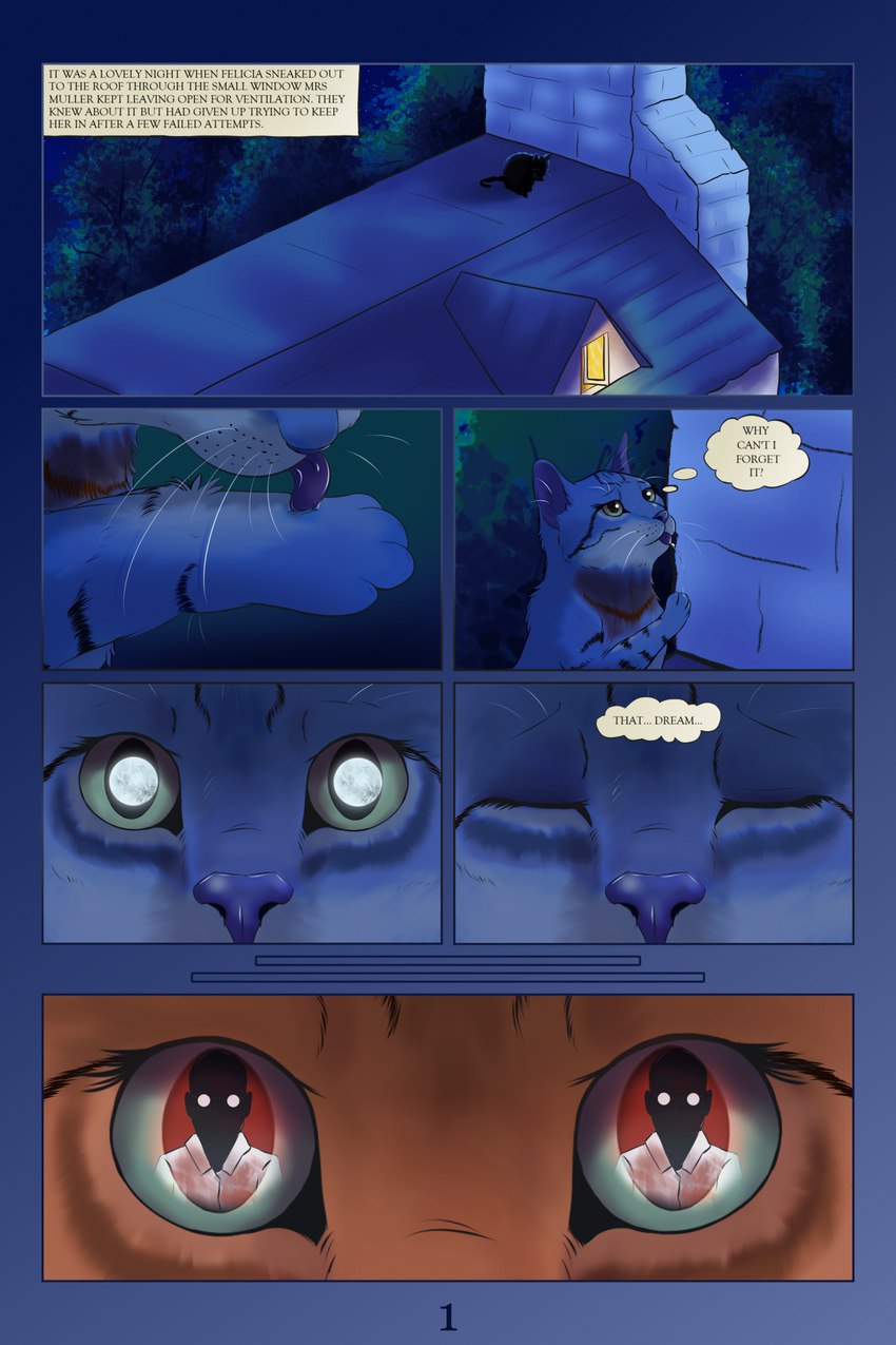 dream female feral moon night outside personal_grooming reflection reflection_in_eyes rooftop silhouette text thought_bubble pspspsy african_wildcat domestic_cat felid feline felis human mammal wildcat comic english_text hi_res