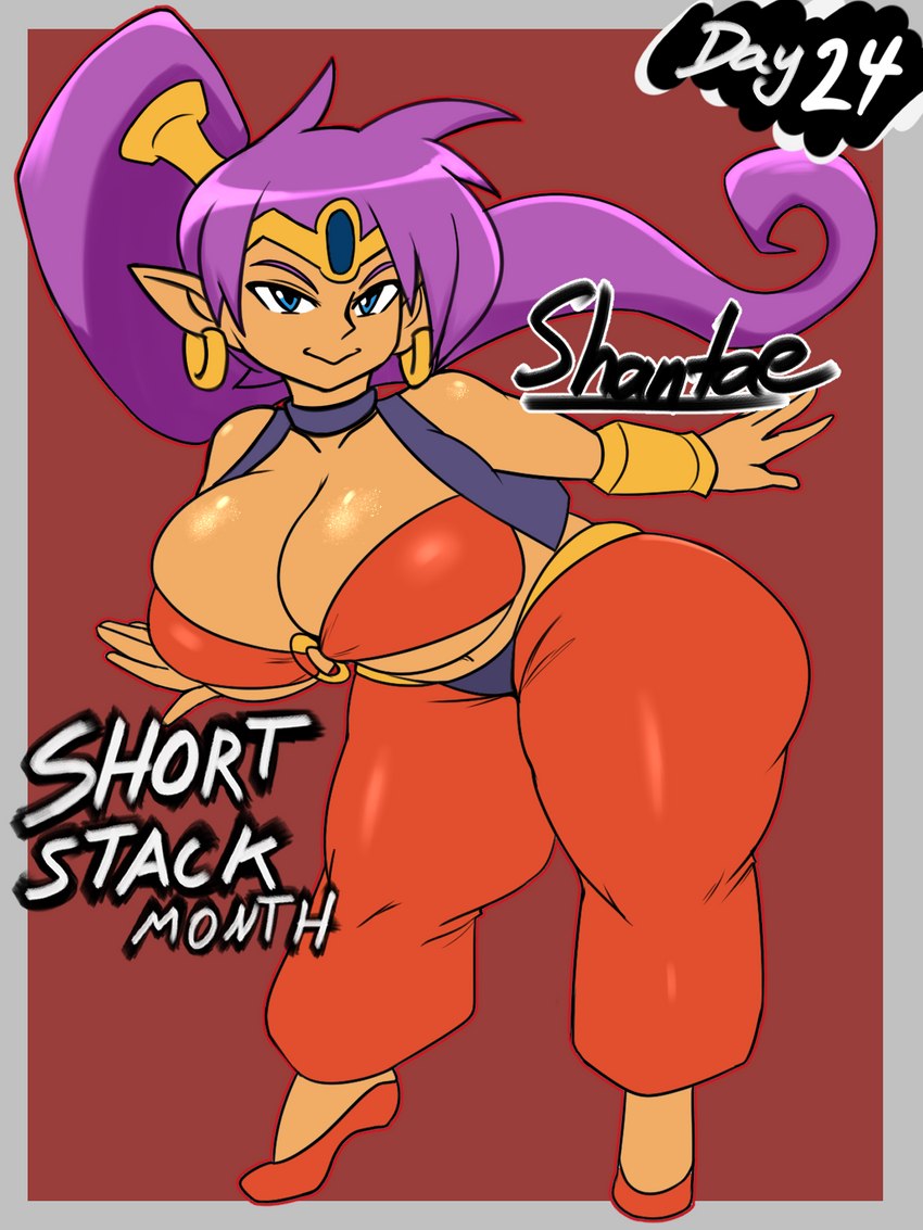 big_breasts breasts cleavage clothed clothing ear_piercing ear_ring female hair huge_breasts humanoid_pointy_ears not_furry piercing pointy_ears purple_hair ring_piercing short_stack smile solo jyto shantae_(series) wayforward shantae genie humanoid 3:4 hi_res