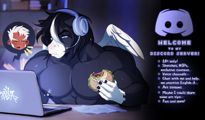 5_fingers advertisement anthro black_body black_fur black_mane black_nipples burger computer electronics feathered_wings feathers fingers food fur hair headphones holding_burger holding_food holding_object laptop male mane muscular muscular_anthro muscular_male nipple_piercing nipples piercing solo text white_text white_wings wings plna discord_(app) mythology angel_(plna) luan_ping equid equine mammal mythological_creature mythological_equine pegasus digital_drawing_(artwork) digital_media_(artwork) english_text hi_res