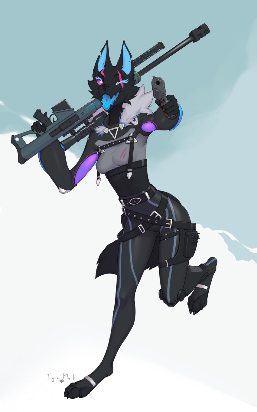 anthro blue_tongue bottomwear breasts clothed clothing digitigrade female fully_clothed gun gun_holster handgun holding_gun holding_handgun holding_object holding_pistol holding_ranged_weapon holding_rifle holding_weapon looking_at_viewer midriff one_eye_closed open_mouth pink_eyes pistol raised_arm ranged_weapon rifle sniper_rifle solo tail tongue topwear weapon togaed epic_games fortnite pack_leader_highwire canid canine canis mammal wolf absurd_res hi_res