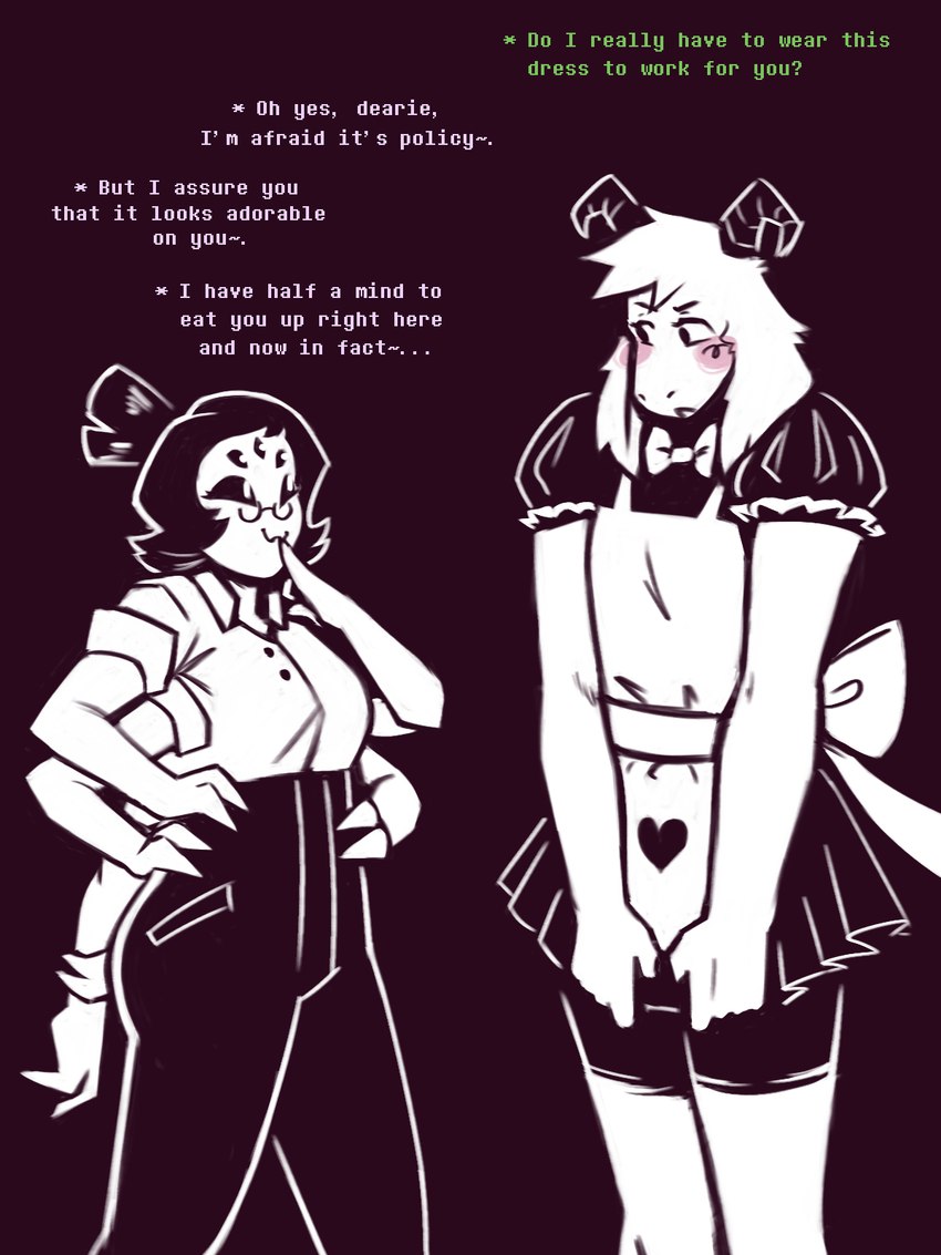 alternate_universe anthro blush boss clothed clothing crossdressing duo embarrassed female femboy larger_male maid_uniform male male/female size_difference smaller_female text uniform dracozhilla underswap undertale undertale_(series) asriel_dreemurr muffet muffet_(underswap) arachnid arthropod boss_monster_(undertale) spider 3:4 comic english_text hi_res sketch