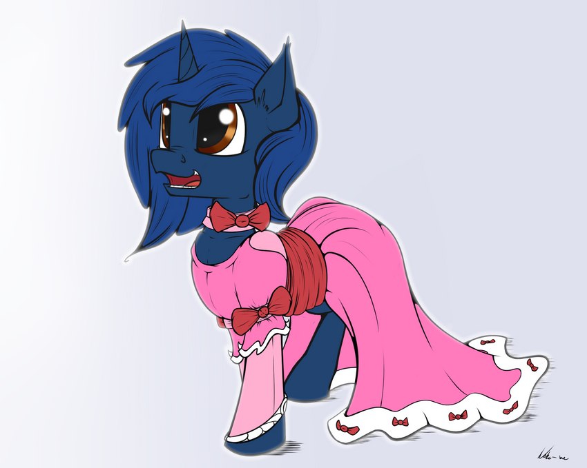 blue_body blue_mane bow_tie brown_eyes clothing dress female feral gown happy horn looking_up mane pink_bow_tie pink_clothing pink_dress solo step_pose waist_ribbon neko-me friendship_is_magic hasbro my_little_pony mythology fan_character equid equine mammal mythological_creature mythological_equine unicorn hi_res