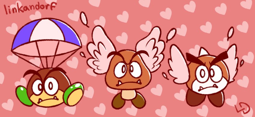 brown_body brown_skin green_body green_skin group looking_at_viewer not_furry parachute spikes trio white_eyes wings linkandorf mario_bros nintendo galoomba goomba para-goomba_(mario_clash) para-goomba_(super_mario_world) paragoomba waddling_head