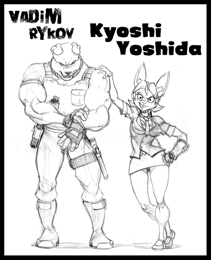 angry anthro biography black_border black_eyes black_nose border breasts cleavage clothed clothing duo eyebrows female gloves grin handwear holster inner_ear_fluff looking_at_viewer male mischievous muscular muscular_male necktie open_mouth simple_background size_difference smile suit text tuft white_background zillford kyoshi_yoshida vadim_(zillford) canid canine canis domestic_dog lagomorph leporid mammal rabbit 2012 black_and_white english_text monochrome sketch traditional_media_(artwork)