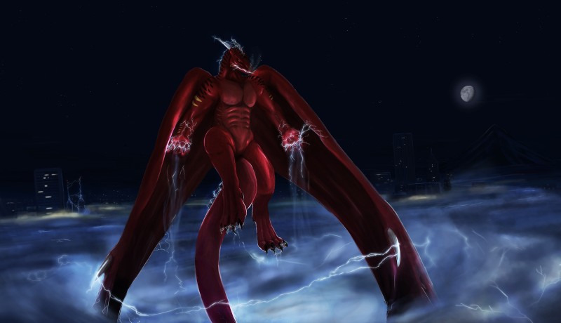 anthro cascadia city electricity flying fog male moon mountain oregon outside portland red_body red_scales scales smoke solo tail themefinland mythology jarek dragon mythological_creature mythological_scalie scalie absurd_res hi_res