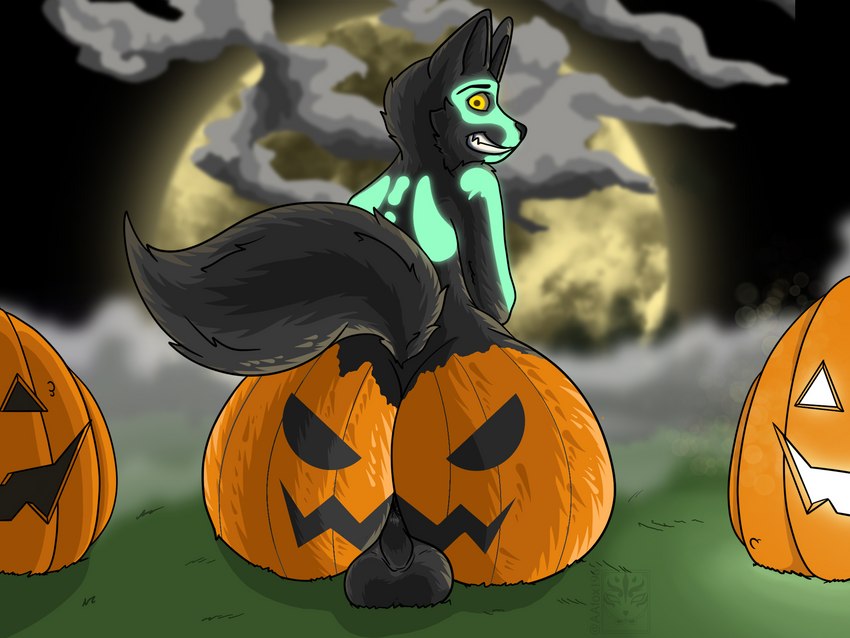 anthro anus balls big_butt black_body black_ears black_fur black_tail bodypaint butt face_paint fur genitals grass holidays jack-o'-lantern looking_at_viewer looking_back male moon nude outside plant pumpkin_butt rear_view sitting sitting_on_ground smile solo tail teeth yellow_eyes aafox196 halloween canid canine canis mammal wolf 4:3 digital_media_(artwork) hi_res