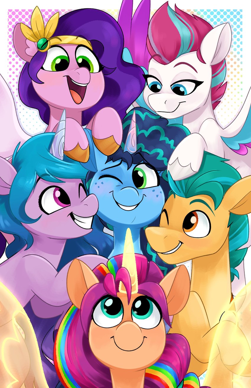blue_body blue_eyes blue_fur blue_hair blue_mane brown_eyes crown female feral freckles fur green_eyes green_hair green_mane group hair headgear hooves horn male mane multicolored_hair multicolored_mane one_eye_closed orange_body orange_fur pink_body pink_fur pink_hair pink_mane purple_body purple_eyes purple_fur purple_hair purple_mane two_tone_hair white_body white_fur wings yellow_body yellow_fur luximus17 hasbro mlp_g5 my_little_pony mythology hitch_trailblazer_(mlp) izzy_moonbow_(mlp) misty_brightdawn_(mlp) pipp_petals_(mlp) sunny_starscout_(mlp) zipp_storm_(mlp) earth_pony equid equine horse mammal mythological_creature mythological_equine pegasus pony unicorn winged_unicorn 2023 absurd_res digital_media_(artwork) hi_res