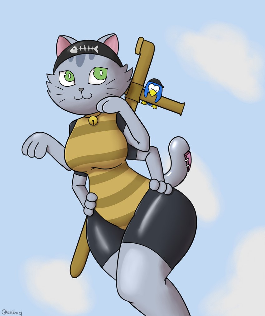 3_fingers 4_arms :3 anthro black_clothing breasts brown_clothing clothed clothing duo female fingers fur green_eyes grey_body grey_fur kerchief mast medium_breasts multi_arm multi_limb simple_background sky smile solo_focus thick_thighs obsuniq konami parodius avian bird domestic_cat felid feline felis mammal penguin absurd_res hi_res