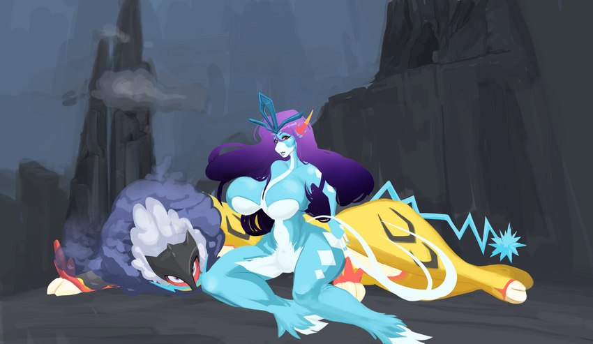 anthro big_breasts breasts duo featureless_breasts featureless_crotch female feral looking_at_viewer lying lying_on_ground nude on_ground pokemorph sitting sitting_on_ground cressalias nintendo pokemon ancient_pokemon generation_9_pokemon mammal paradox_pokemon pokemon_(species) raging_bolt walking_wake absurd_res hi_res