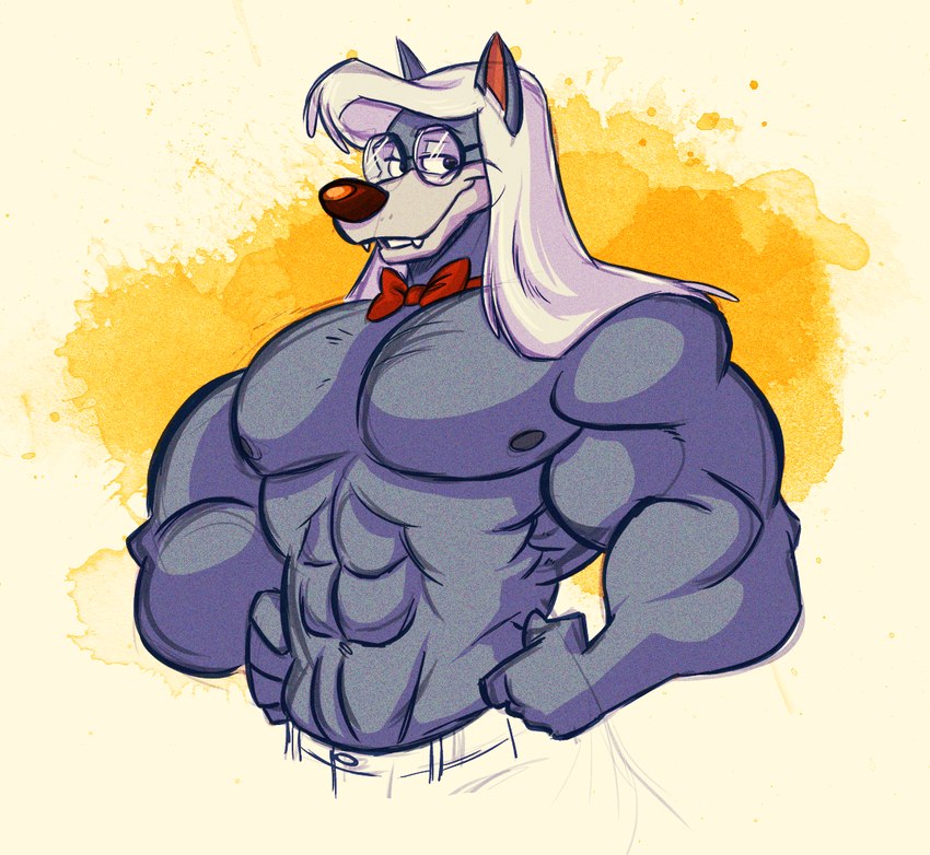 abs anthro belt big_muscles blue_body blue_fur bottomwear bow_tie clothed clothing eyewear fangs fur glasses hair long_hair looking_away male muscular muscular_male nipples pants pecs smile solo teeth topless white_hair shenanigan animaniacs mythology warner_brothers wilford_wolf canid canine canis mammal mythological_canine mythological_creature werecanid werecanine werecreature werewolf wolf 2013 half-length_portrait portrait