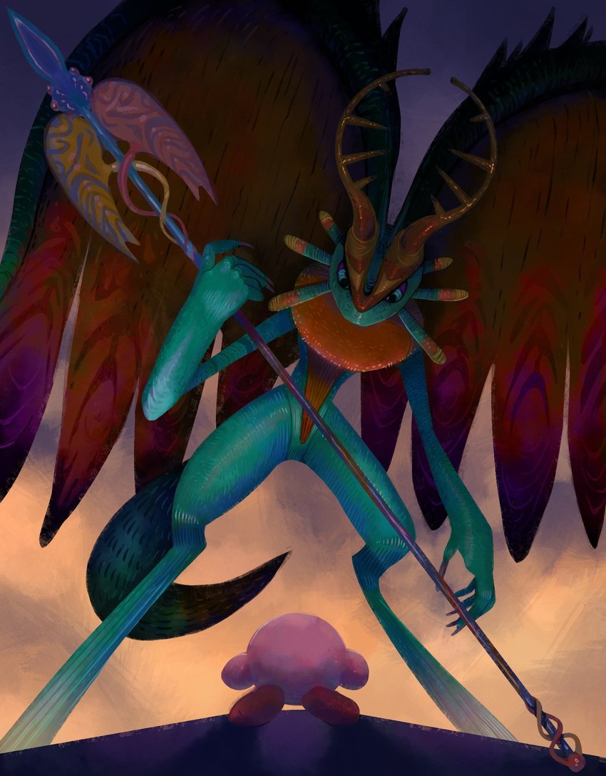 5_fingers ambiguous_gender anthro antlers blue_body blue_eyes blue_fur caduceus caduceus_staff claws duo eye_contact featureless_crotch fighting_pose fingers fur head_wings holding_object holding_staff holding_weapon horn looking_at_another looking_down looming multicolored_body multicolored_fur multicolored_wings neck_tuft orange_body orange_fur orange_horn outside pink_body pose purple_sclera round_body shadow solo_focus staff standing tall tuft two_tone_body two_tone_fur unusual_wing_placement weapon wings tara_lehning kirby_(series) kirby_and_the_forgotten_land nintendo fecto_elfilis kirby alien 2022 digital_media_(artwork) hi_res