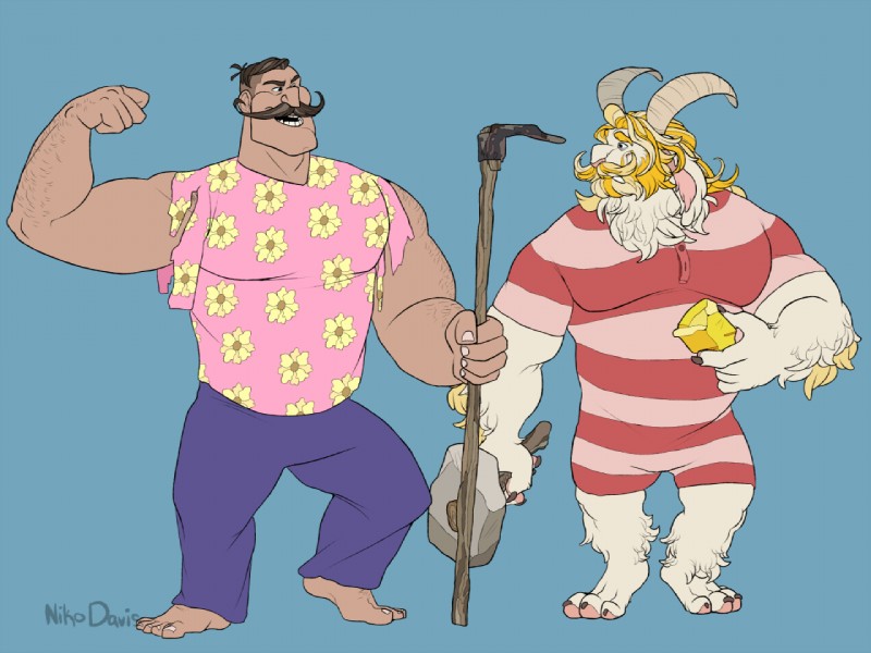 anthro beard big_muscles biped blonde_hair clothing duo facial_hair flower hair hammer horn long_ears male mature_anthro mature_male muscular muscular_male mustache plant rock shirt simple_background text tools topwear nikodavis don't_starve klei_entertainment undertale undertale_(series) asgore_dreemurr wolfgang_(don't_starve) boss_monster_(undertale) bovid caprine human mammal 4:3 crossover signature