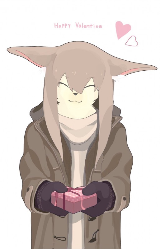 :3 ^_^ anthro brown_hair clothed clothing coat eyes_closed female fully_clothed fur gift gloves hair handwear heart_symbol holding_gift holding_object holidays inner_ear_fluff long_hair looking_at_viewer offering_gift offering_to_viewer shirt simple_background smile solo standing tan_body tan_fur text topwear tuft white_background taracod valentine's_day canid canine fennec_fox fox mammal true_fox english_text half-length_portrait hi_res portrait