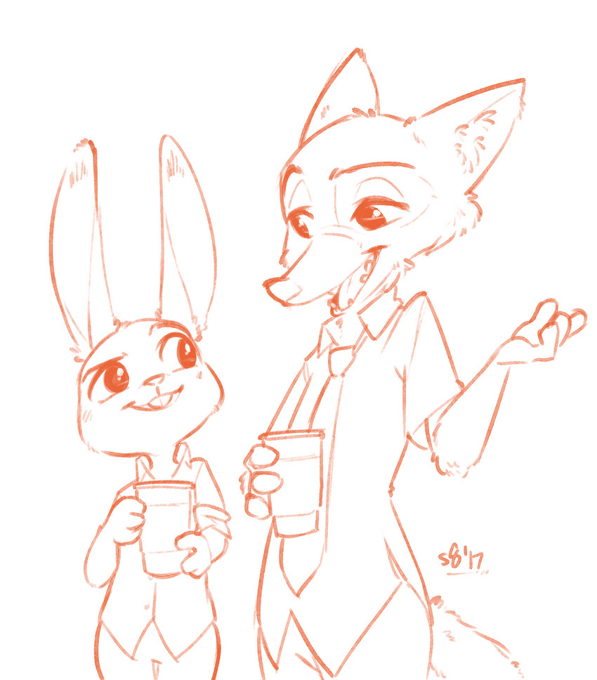 anthro bottomwear buckteeth clothed clothing container cup duo female fully_clothed fur holding_container holding_cup holding_object looking_at_another male necktie open_mouth open_smile pants shirt simple_background smile teeth topwear white_background alec8ter conditional_dnp disney zootopia judy_hopps nick_wilde canid canine fox lagomorph leporid mammal rabbit red_fox true_fox 2017 hi_res monochrome orange_and_white