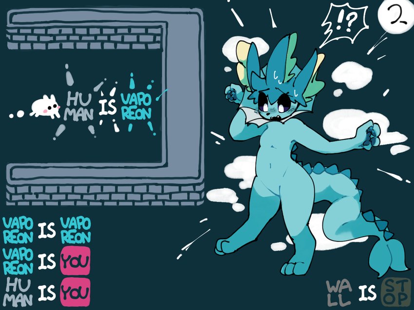 3_toes 4_fingers air_puff ambiguous_gender anthro anthrofied biped black_background black_eyes black_nose blue_body blue_ears blue_pawpads blue_skin blue_tail blush blush_stickers cloud digitigrade dorsal_ridge duo ear_fins featureless_crotch feet feral fin fingers frill_(anatomy) front_view fur gameplay_mechanics handpaw head_fin human_to_anthro interrobang kemono larger_ambiguous larger_anthro membrane_(anatomy) membranous_frill monotone_body monotone_fur monotone_skin navel neck_frill no_sclera nude open_mouth pawpads paws pokemorph pupils quadruped semi-anthro shocked simple_background size_difference smaller_ambiguous smaller_feral species_transformation speech_bubble standing surprise surprised_expression tail tail_fin text three-quarter_view toes transformation wall_(structure) white_body white_fur white_pupils netchy_boo baba_is_you nintendo pokemon anon baba bovid caprine eeveelution generation_1_pokemon mammal marine pokemon_(species) vaporeon 4:3 colored crossover digital_media_(artwork) english_text