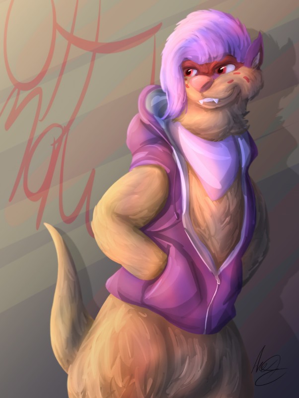 anthro clothed clothing grin hair hoodie jacket male pink_hair red_eyes smile solo teeth topwear ottmaw daniel_ottmaw hybrid hyena mammal mustelid otter spotted_hyena absurd_res hi_res