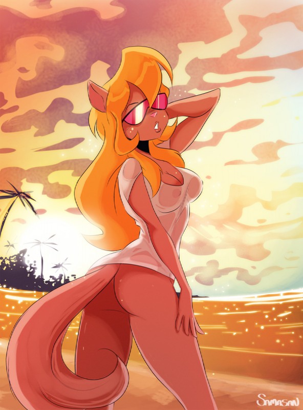 anthro areola beach big_breasts bottomless breasts butt clothed clothing detailed_background erect_nipples eyewear female nipples outside seaside solo sunglasses sunset wet wet_clothing samasan_(artist) hanna-barbera swat_kats callie_briggs domestic_cat felid feline felis mammal 2016 hi_res