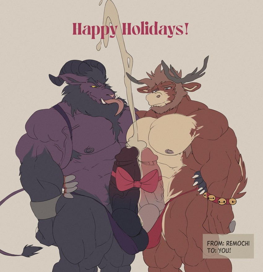 anthro antlers armpit_hair balls beard big_balls big_penis bodily_fluids body_hair bow_ribbon clothing cuff_(restraint) cum duo ejaculation facial_hair frottage genital_fluids genitals gift_wrapped holidays horn huge_penis male male/male muscular muscular_anthro muscular_male nipples pecs penile penis restraints sex shackles speedo swimwear tail tongue remochi christmas krampus bovid caprine caprine_demon deer demon goat_demon mammal new_world_deer reindeer hi_res