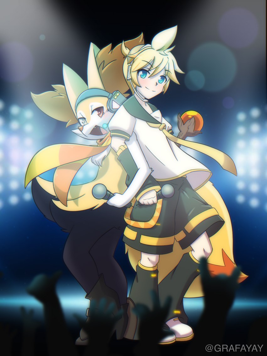 alternative_fashion anthro boots clothing concert cyberpop duo electronics footwear high_heeled_boots high_heels j-fashion male male/male microphone scarf shoes wand grafayay nintendo pokemon vocaloid aaron_akio aaron_the_braixen kagamine_len braixen generation_6_pokemon human mammal pokemon_(species) 3:4 hi_res