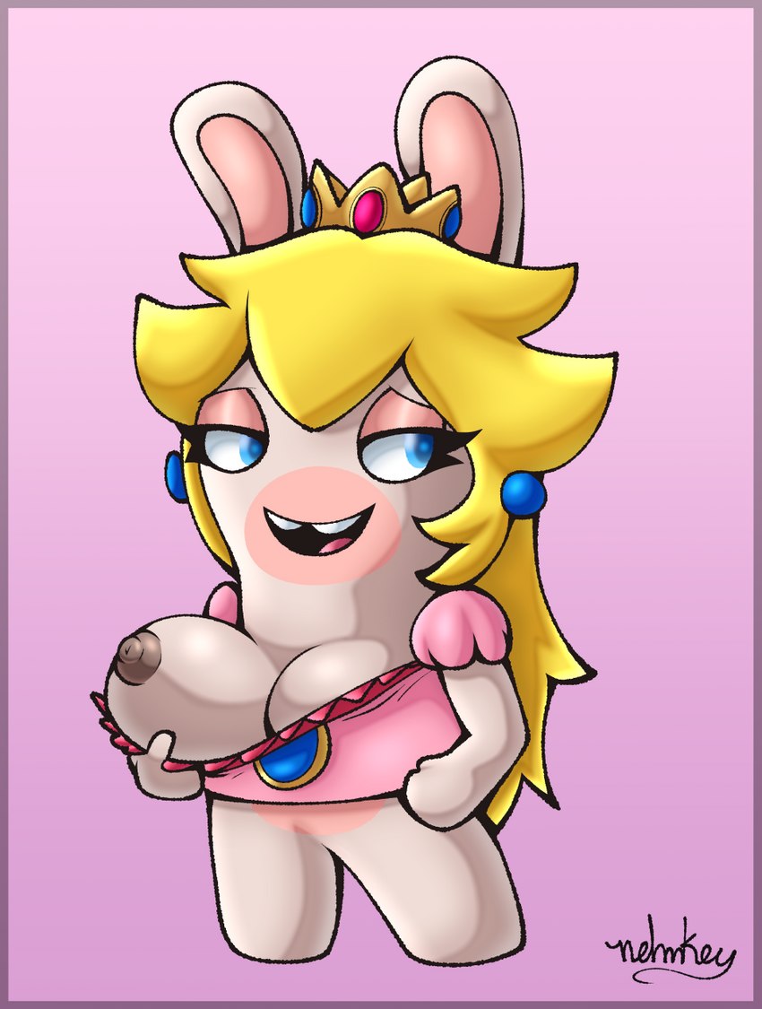 anthro bottomless breasts clothed clothing crown eyelashes female flashing fur headgear nipples solo white_body white_fur nehmkey mario_bros mario_plus_rabbids_kingdom_battle nintendo raving_rabbids rayman_(series) ubisoft rabbid_peach lagomorph mammal rabbid 2022 crossover digital_media_(artwork) hi_res