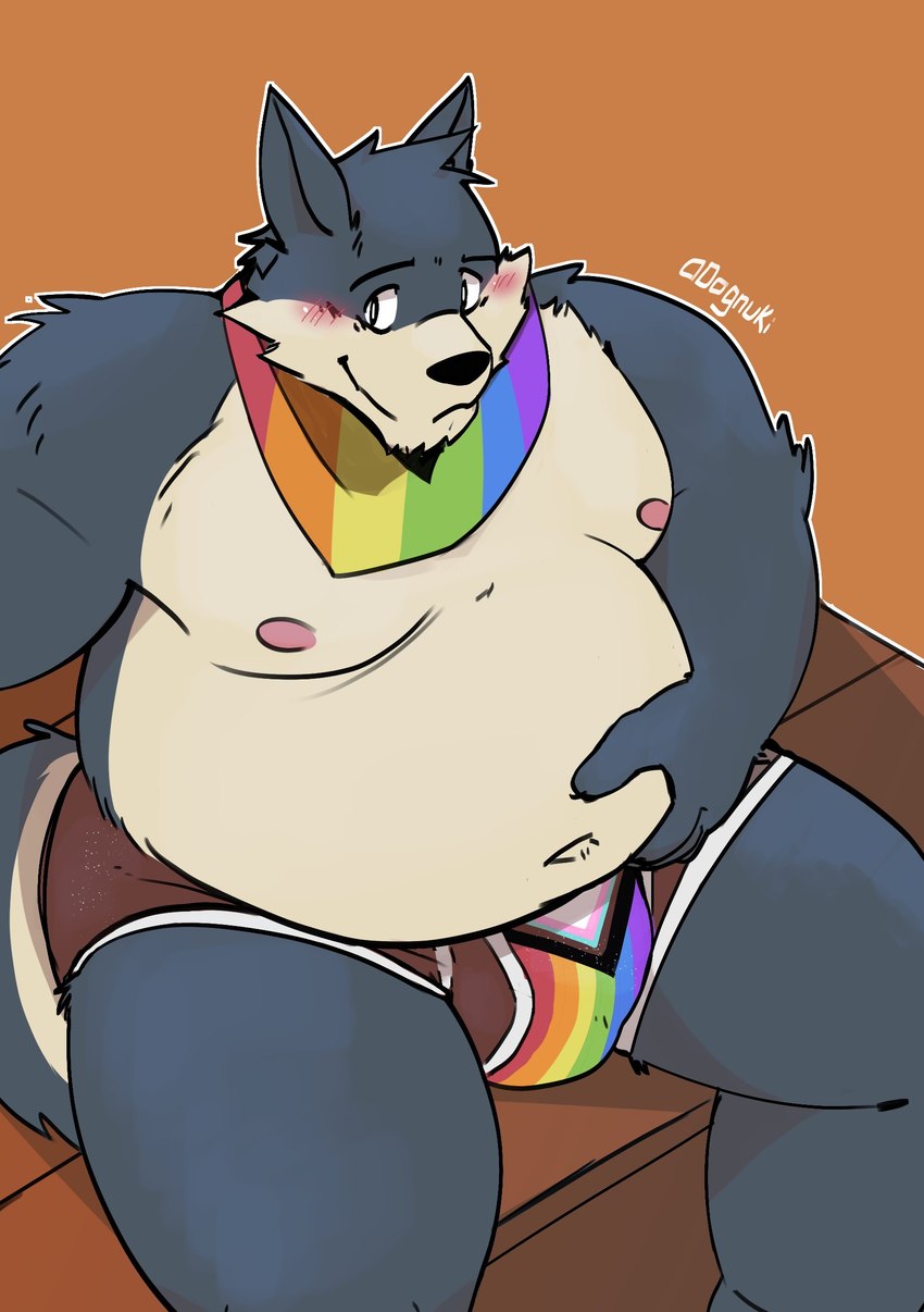 anthro belly belly_grab blush briefs clothing fur grey_body grey_fur hand_on_belly high-angle_view kerchief lgbt_pride male moobs multicolored_clothing multicolored_kerchief multicolored_neckerchief multicolored_underwear navel neckerchief nipples overweight overweight_anthro overweight_male pink_nipples pride_colors progress_pride_colors rainbow_clothing rainbow_kerchief rainbow_neckerchief rainbow_underwear shirtless_anthro shirtless_male shy sitting six-stripe_rainbow_pride_colors solo thick_thighs underwear realiron_(artist) lgbt_pride_month canid canine canis domestic_dog mammal 2022 absurd_res hi_res