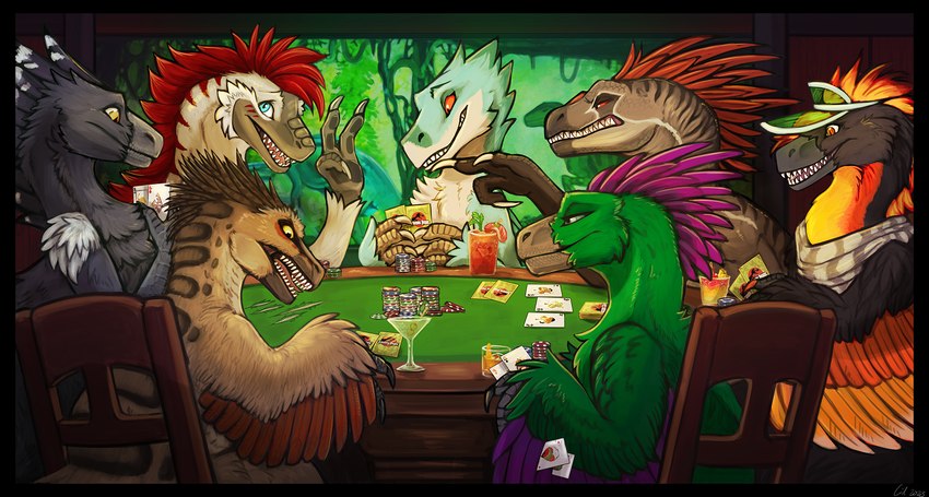 ambiguous_gender black_border blue_eyes border brown_body brown_feathers card chair feathers feral furniture green_body green_feathers grey_body grey_feathers group holding_object on_chair open_mouth orange_body orange_feathers playing_card poker poker_chip poker_table pupils purple_body purple_feathers red_eyes semi-anthro sharp_teeth sitting slit_pupils striped_neck tan_body tan_feathers teeth yellow_body yellow_eyes yellow_feathers acidic dinosaur prehistoric_species reptile scalie hi_res